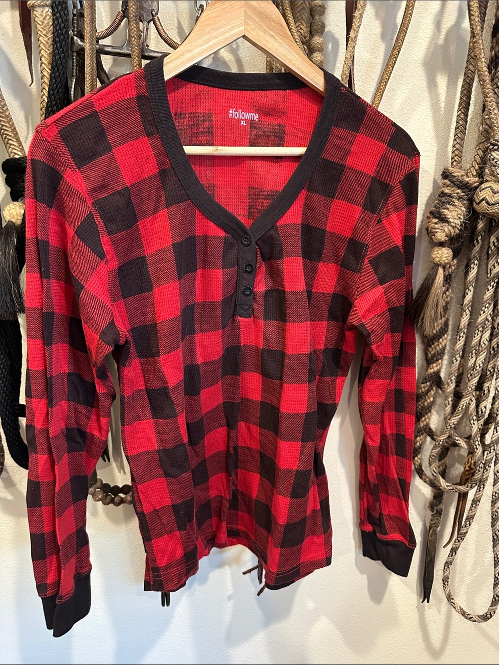Red & Black Buffalo Plaid Henley Long Sleeve Top by Followme